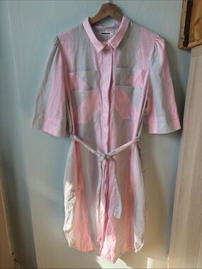 Source Unknown Pink and Gray Striped Shirt Dress